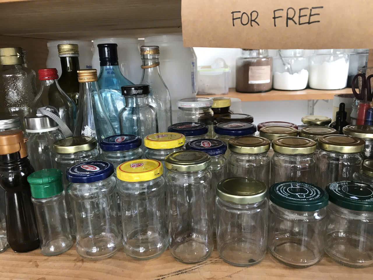 Washed jars ready to be given away at the shop